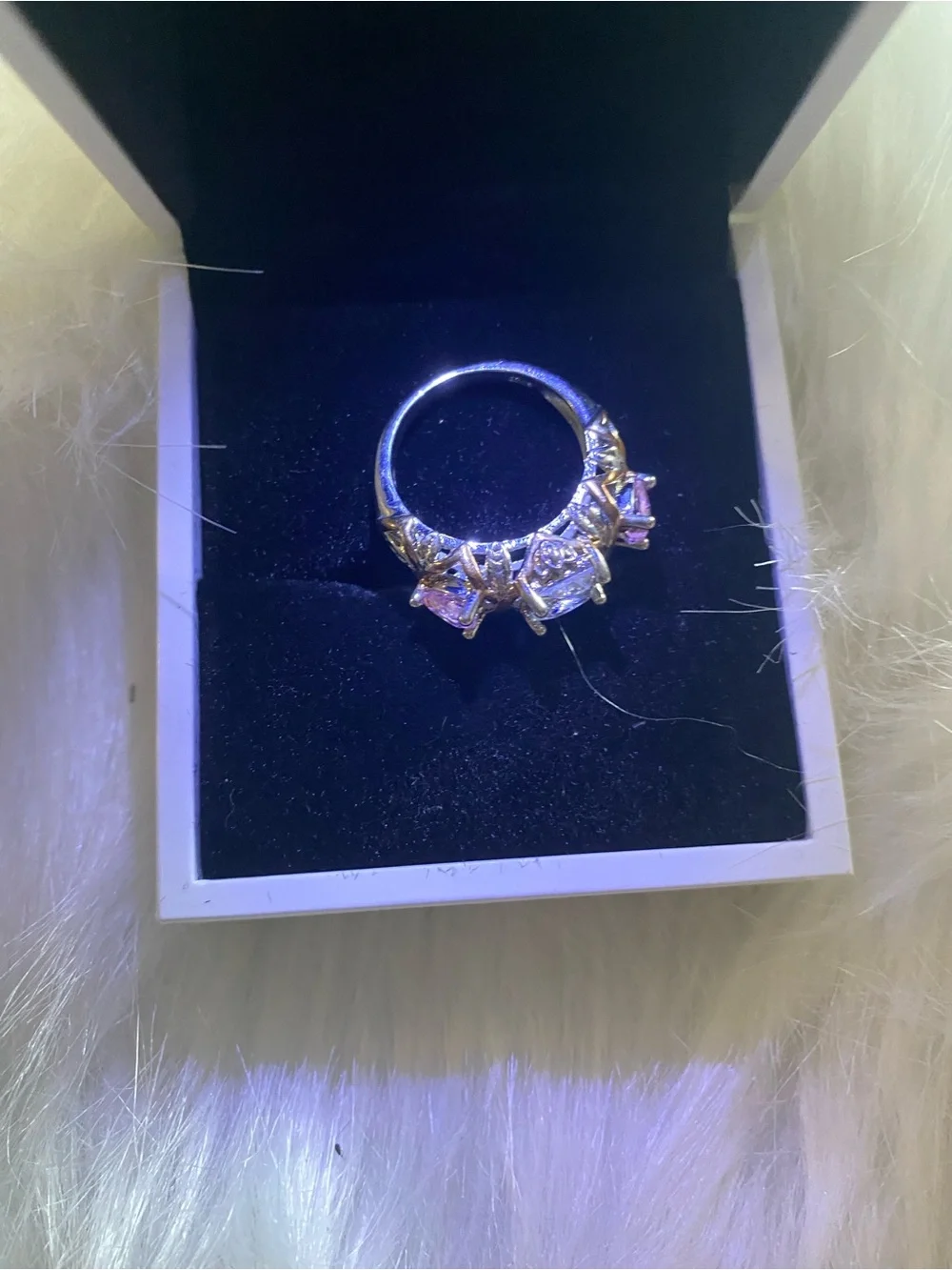 Three-Stone Pink and Clear Gemstone Ring in Gold Tone - Women Jewelry